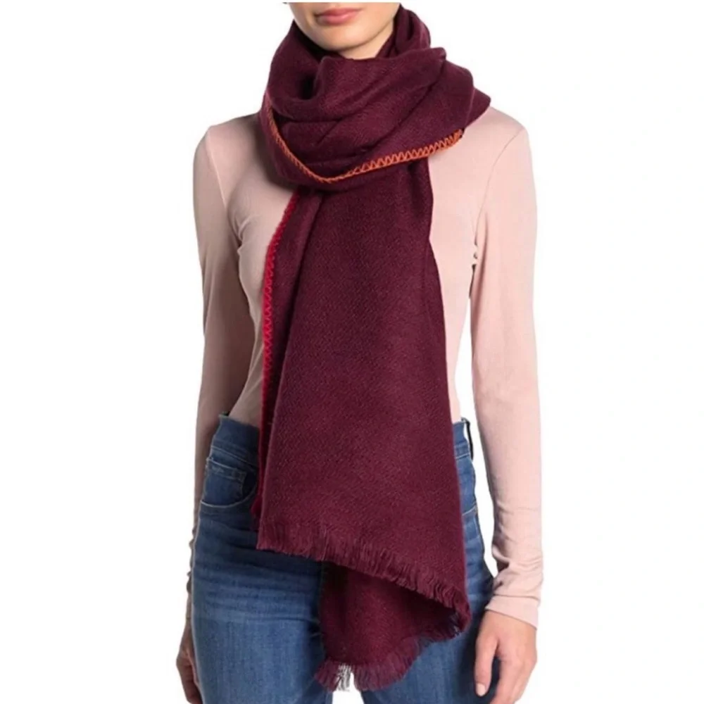 FREE PEOPLE Common Thread NEW Boho Blanket Stitch Scarf Merlot NEW With Tag